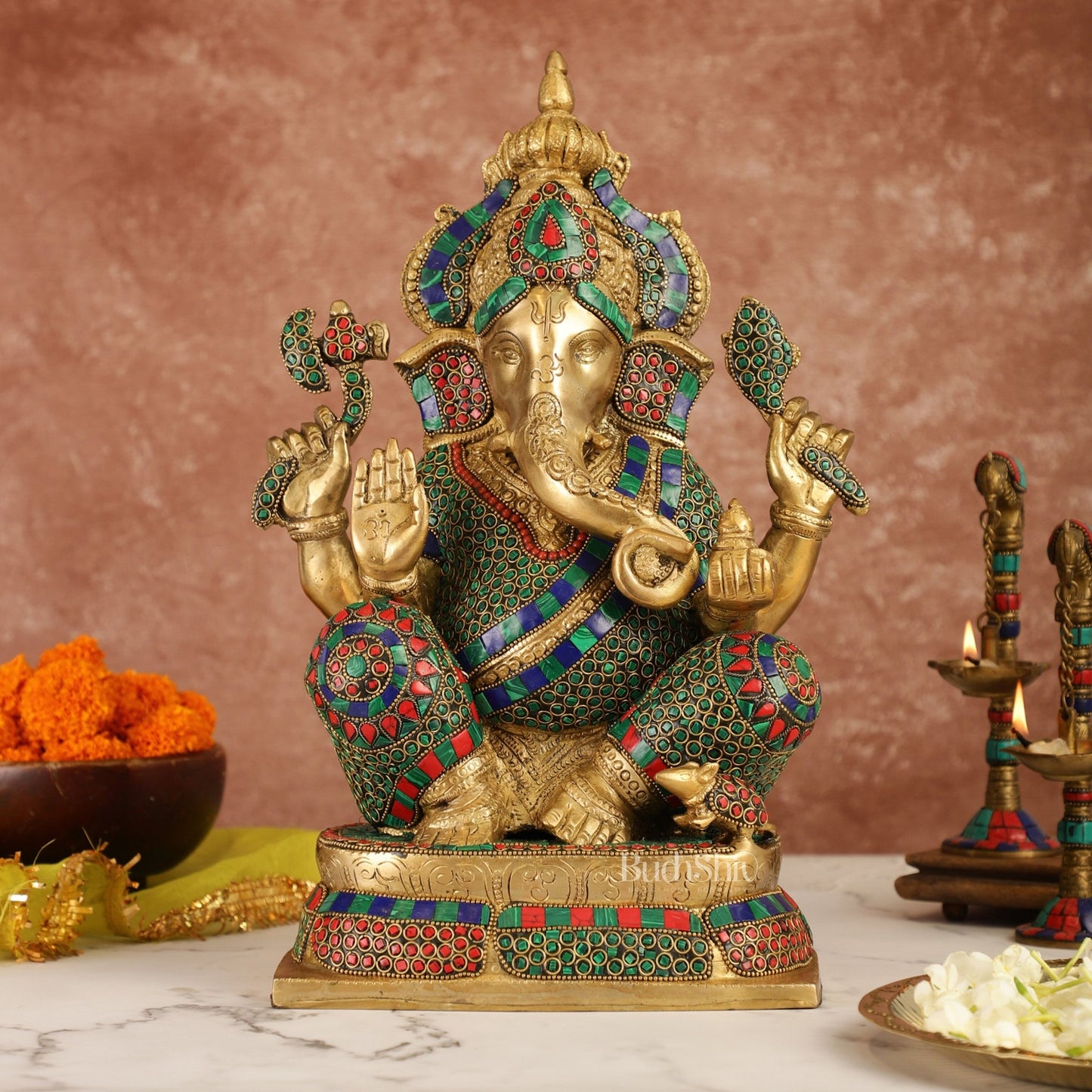 Ganesh Brass idol seated on a beautiful base 16 inch - Budhshiv.com