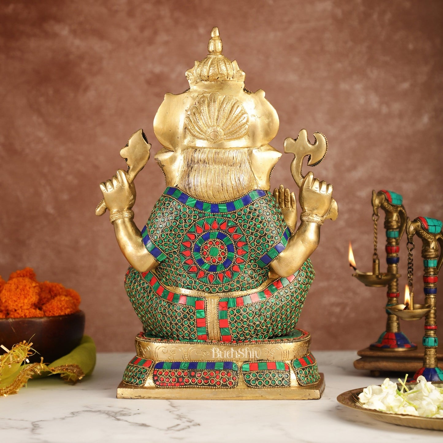 Ganesh Brass idol seated on a beautiful base 16 inch - Budhshiv.com