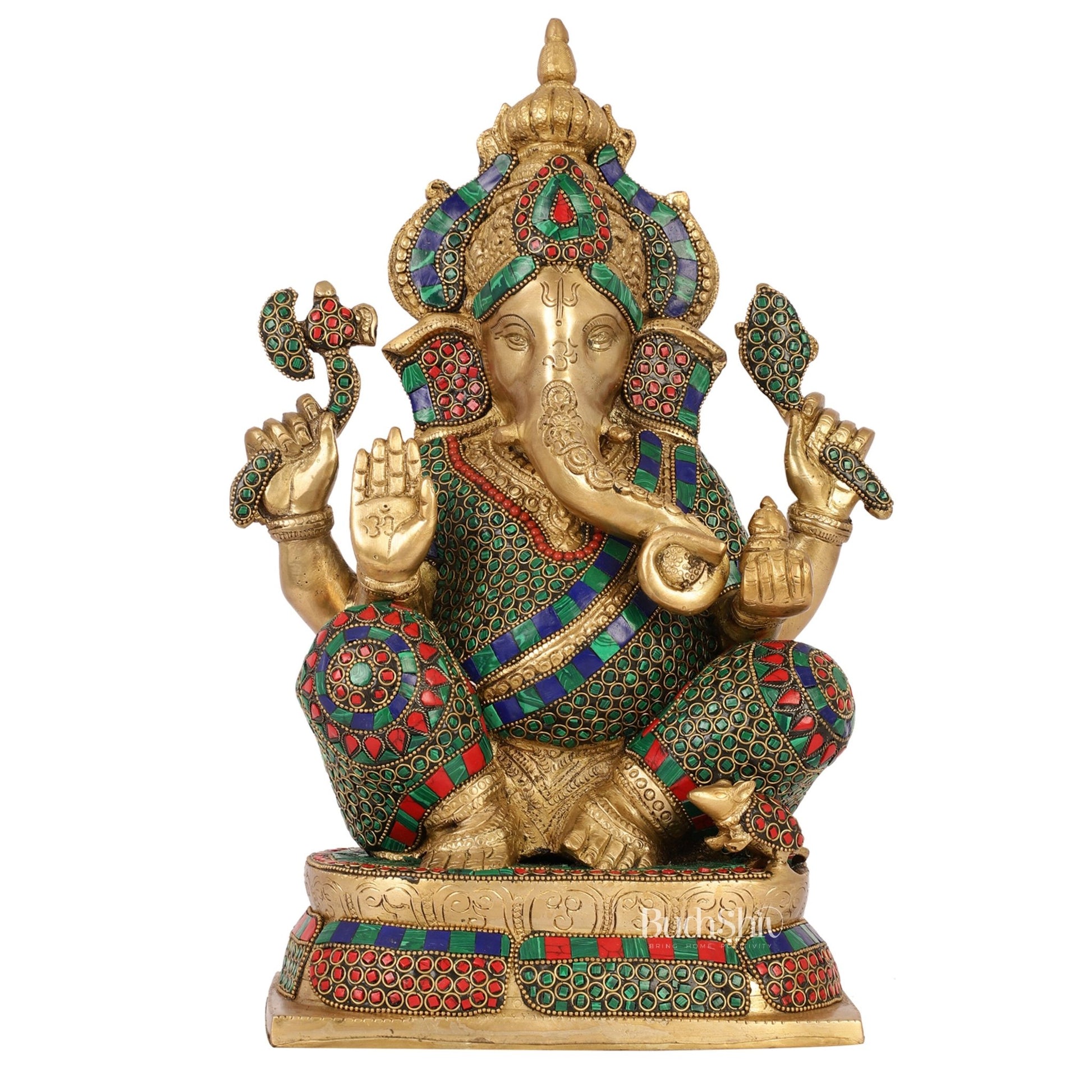 Ganesh Brass idol seated on a beautiful base 16 inch - Budhshiv.com