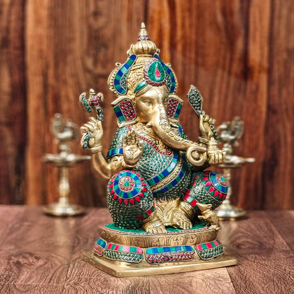 Ganesh Brass idol seated on a beautiful base 16 inches - Budhshiv.com