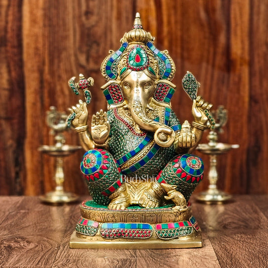 Ganesh Brass idol seated on a beautiful base 16 inches - Budhshiv.com