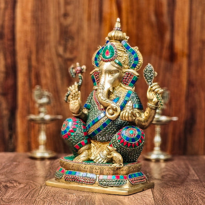 Ganesh Brass idol seated on a beautiful base 16 inches - Budhshiv.com