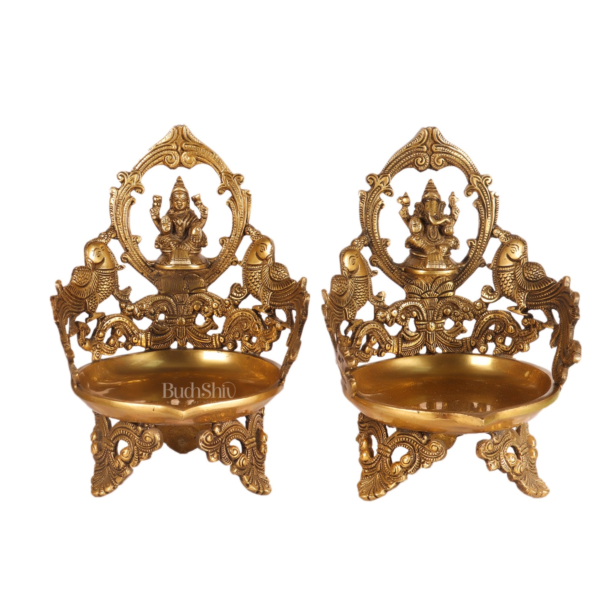 Ganesha and Lakshmi Brass Urli Lamp dull gold - Budhshiv.com