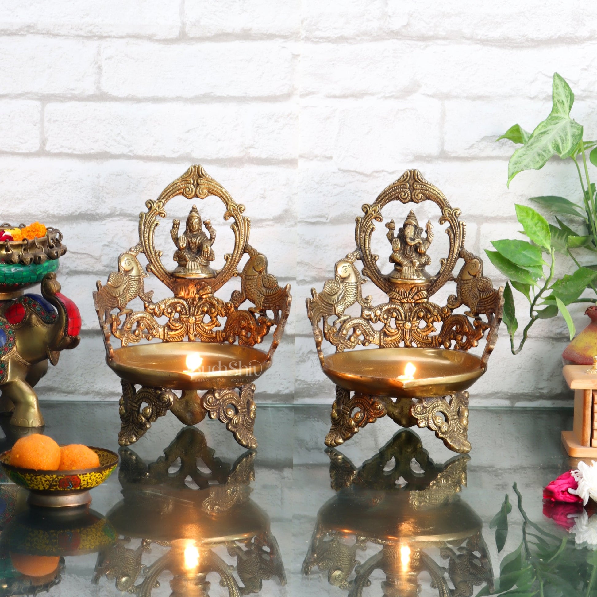 Ganesha and Lakshmi Brass Urli Lamp dull gold - Budhshiv.com