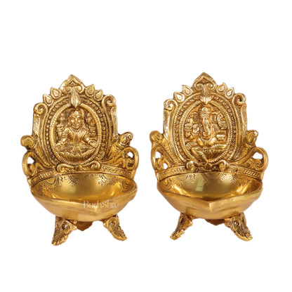 Ganesha and Lakshmi engraved brass oil deep 7 " - Budhshiv.com