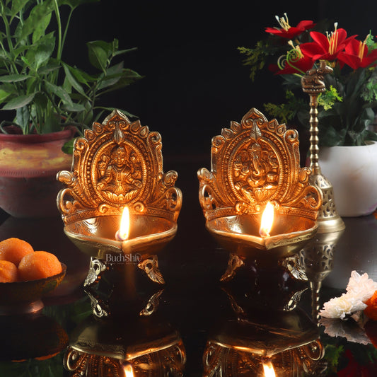 Ganesha and Lakshmi engraved brass oil deep 7 " - Budhshiv.com