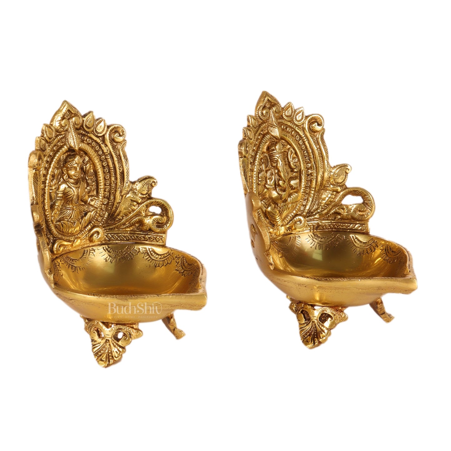 Ganesha and Lakshmi engraved brass oil deep 7 " - Budhshiv.com