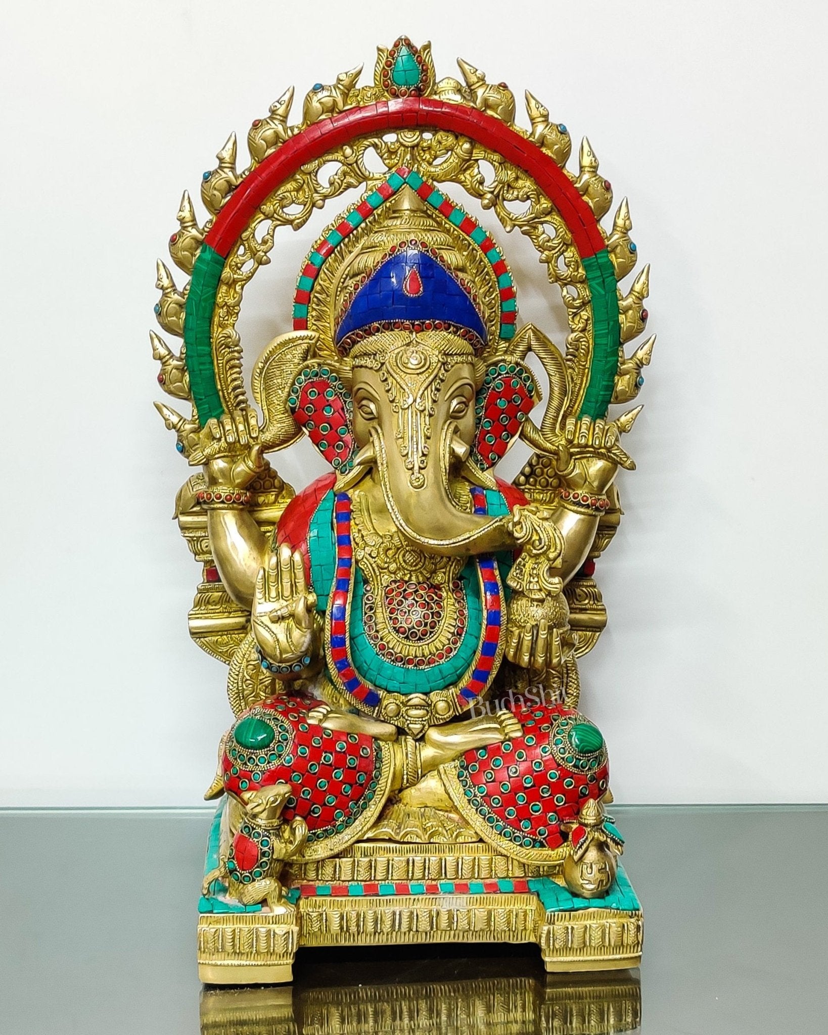 Ganesha Brass Idol 21 inches Ganapati brass statue with a Unique Prabhavali with Rats engraved - Budhshiv.com