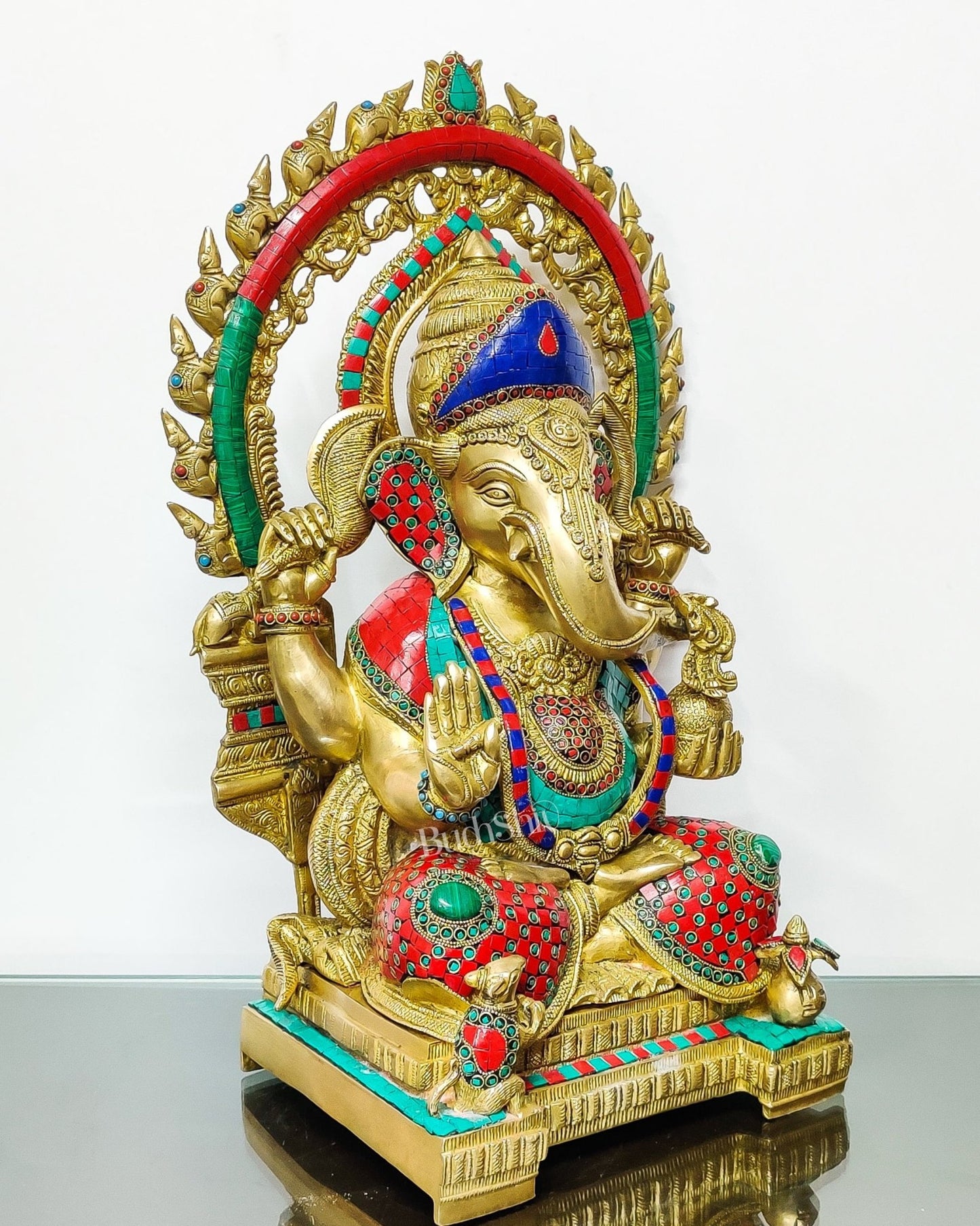 Ganesha Brass Idol 21 inches Ganapati brass statue with a Unique Prabhavali with Rats engraved - Budhshiv.com
