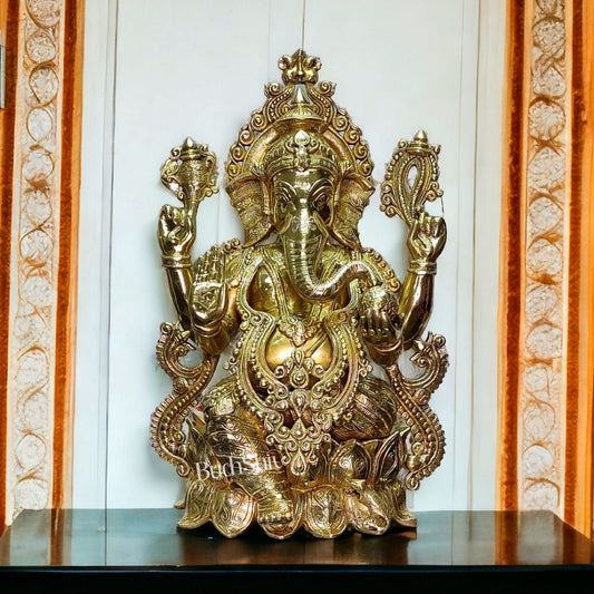 Ganesha Brass Idol 21 inches high seated on a lotus base lacquer coated - Budhshiv.com