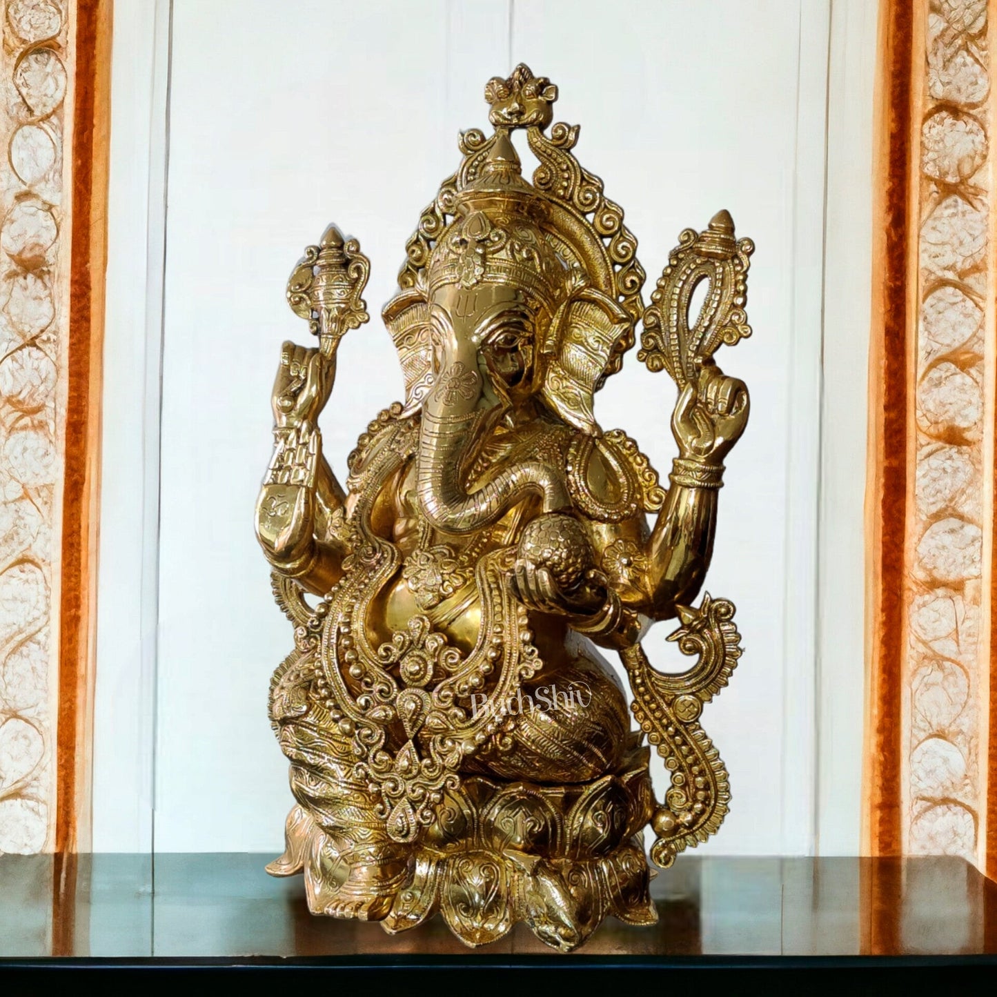 Ganesha Brass Idol 21 inches high seated on a lotus base lacquer coated - Budhshiv.com