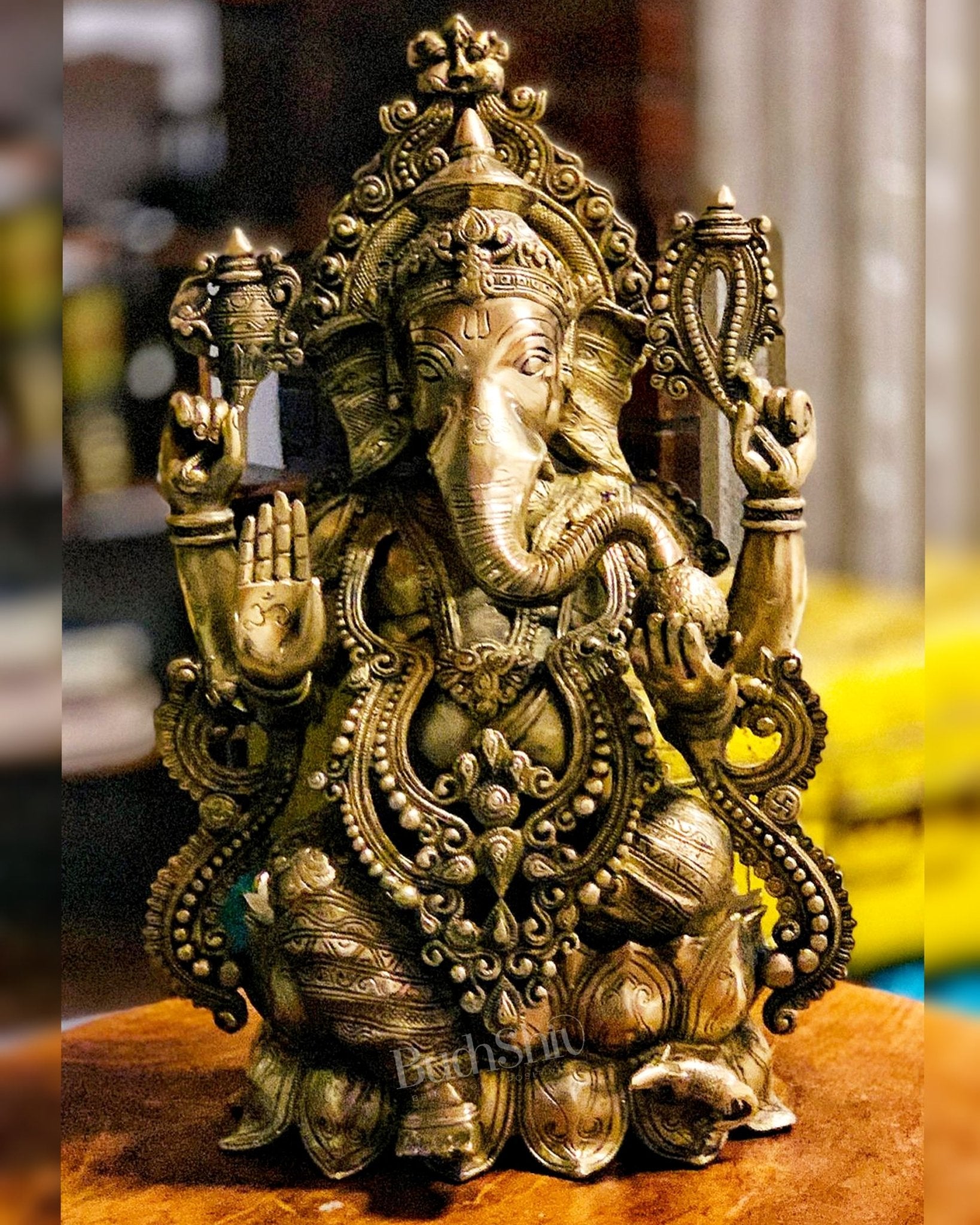 Ganesha Brass Idol 21 inches high seated on a lotus base - Budhshiv.com