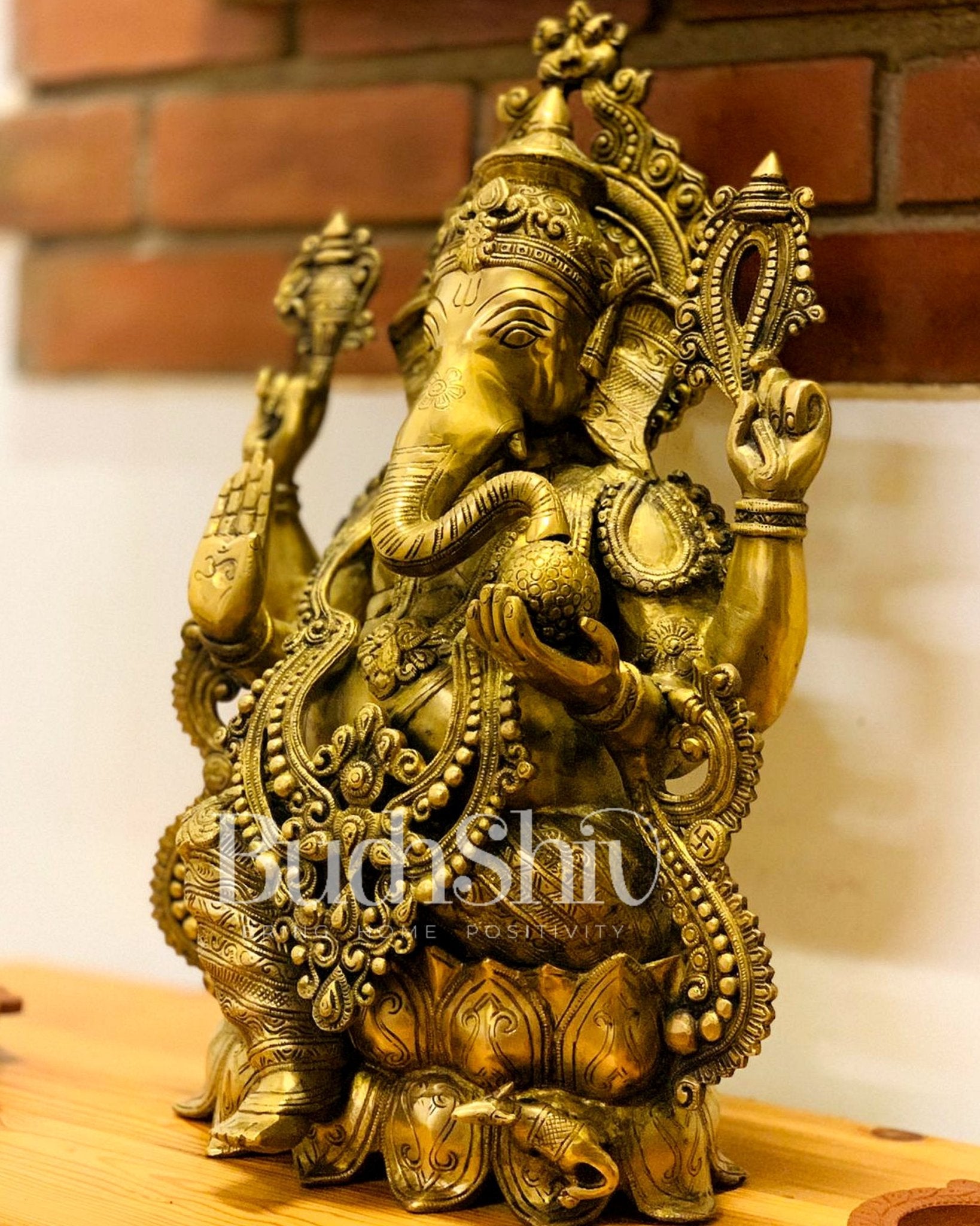 Ganesha Brass Idol 21 inches high seated on a lotus base - Budhshiv.com