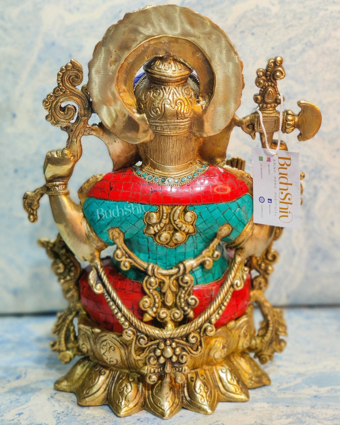Ganesha Brass Idol Ganapati Brass Idol with a unique trunk and four hands Ganesha brass statue with stonework 16 inches - Budhshiv.com