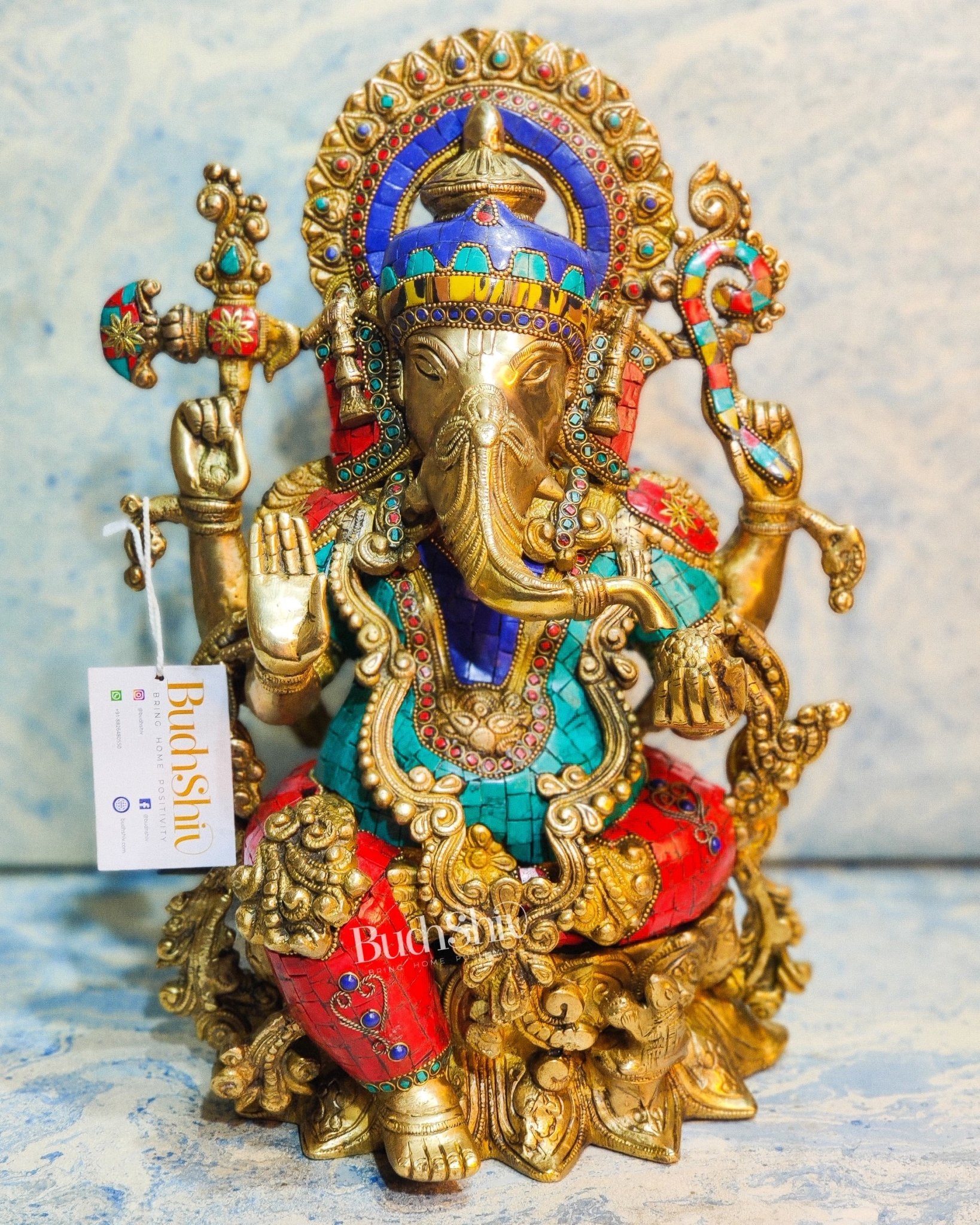 Ganesha Brass Idol Ganapati Brass Idol with a unique trunk and four hands Ganesha brass statue with stonework 16 inches - Budhshiv.com