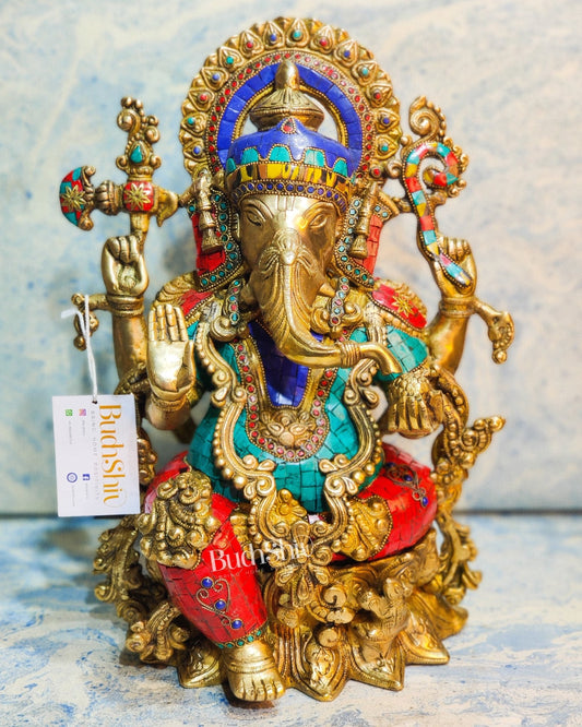 Ganapati Brass Idol with a unique trunk and four hands with stonework 16 inches - Budhshiv.com