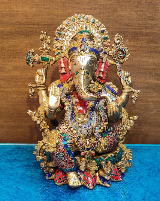 Ganapati Brass Idol with a unique trunk and four hands with stonework 16 inches - Budhshiv.com