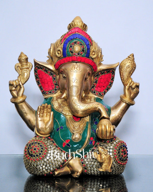 Ganesha Brass Idol Ganapati brass statue with stonework 12 inch - Budhshiv.com