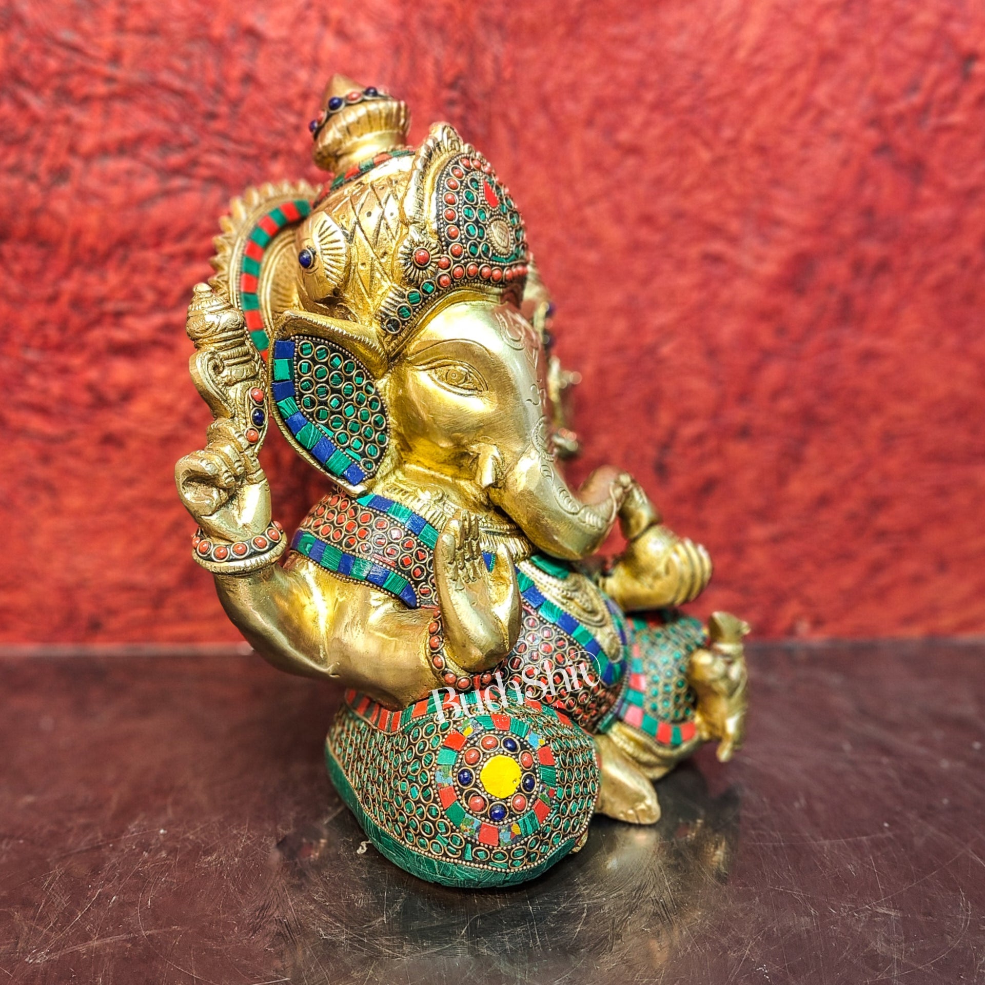 Ganesha Brass Idol Ganapati brass statue with stonework 12 inch - Budhshiv.com