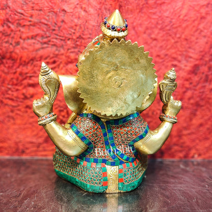 Ganesha Brass Idol Ganapati brass statue with stonework 12 inch - Budhshiv.com