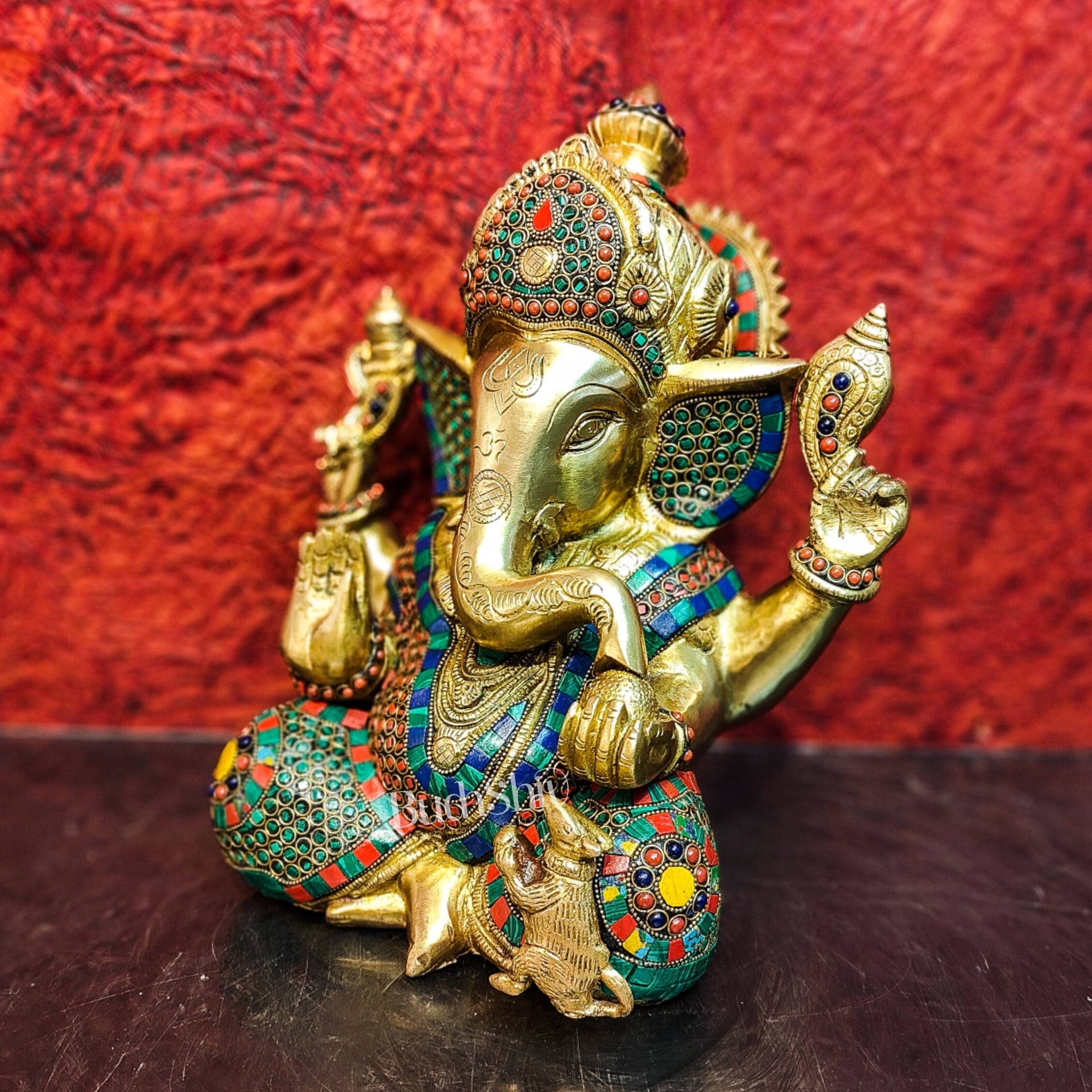 Ganesha Brass Idol Ganapati brass statue with stonework 12 inch - Budhshiv.com