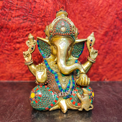 Ganesha Brass Idol Ganapati brass statue with stonework 12 inch - Budhshiv.com