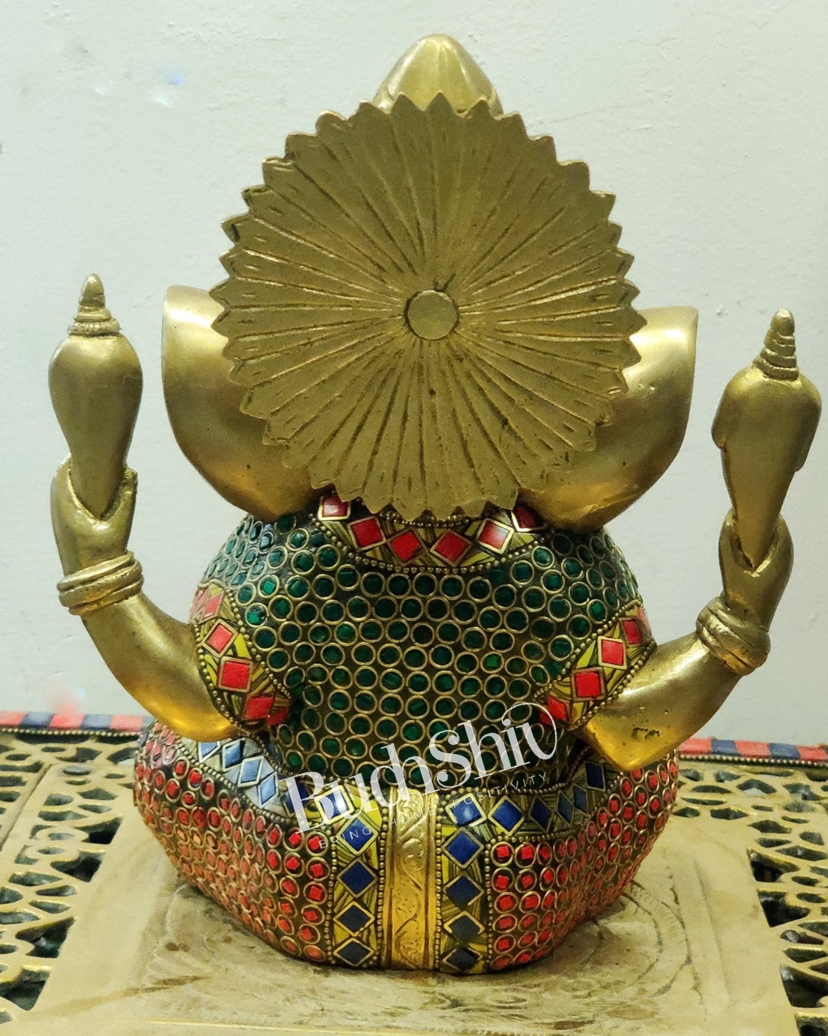 Ganesha Brass Idol wearing a unique crown with stinework 8 inches - Budhshiv.com