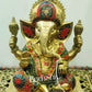 Ganesha Brass Idol wearing a unique crown with stinework 8 inches - Budhshiv.com