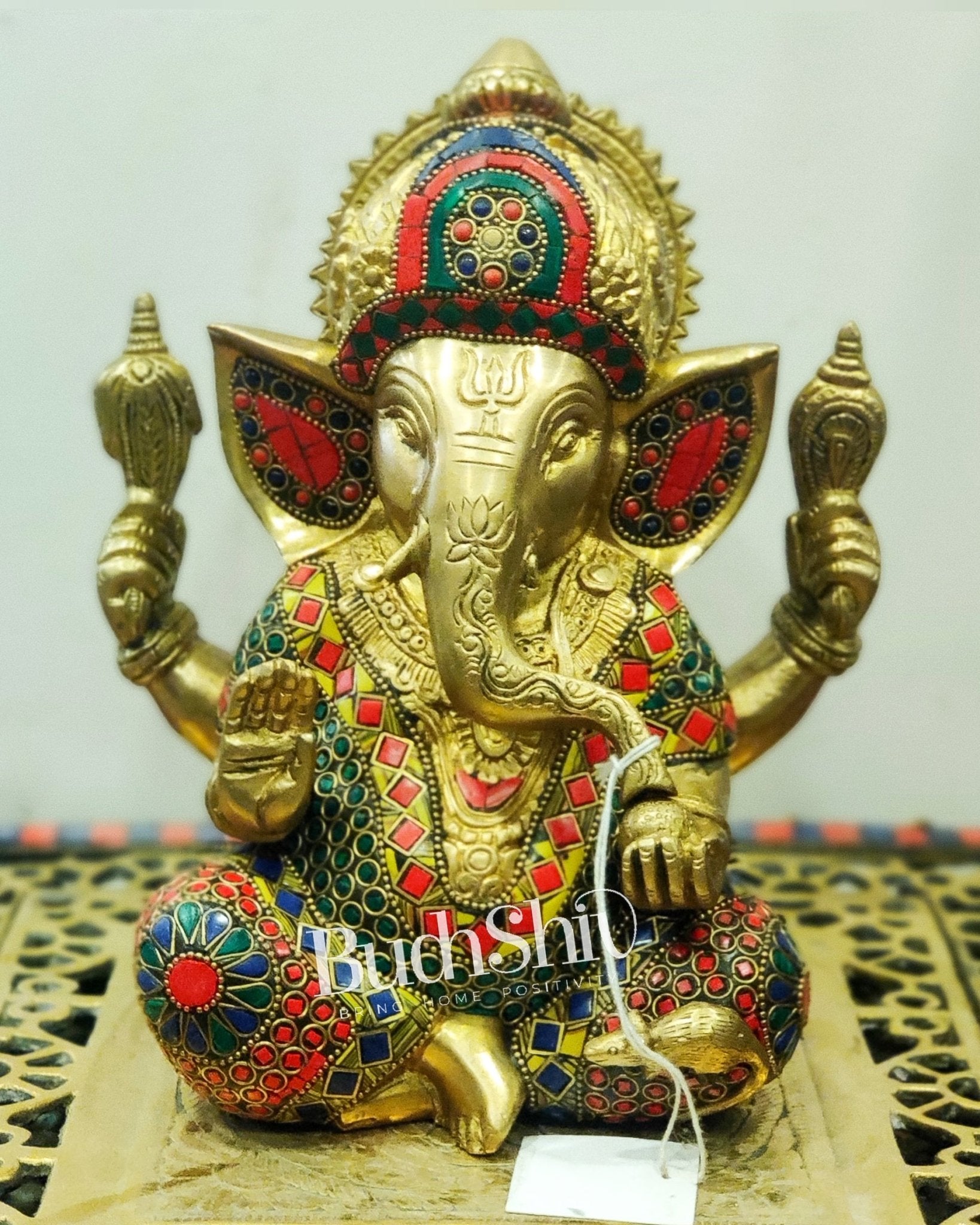 Ganesha Brass Idol wearing a unique crown with stinework 8 inches - Budhshiv.com
