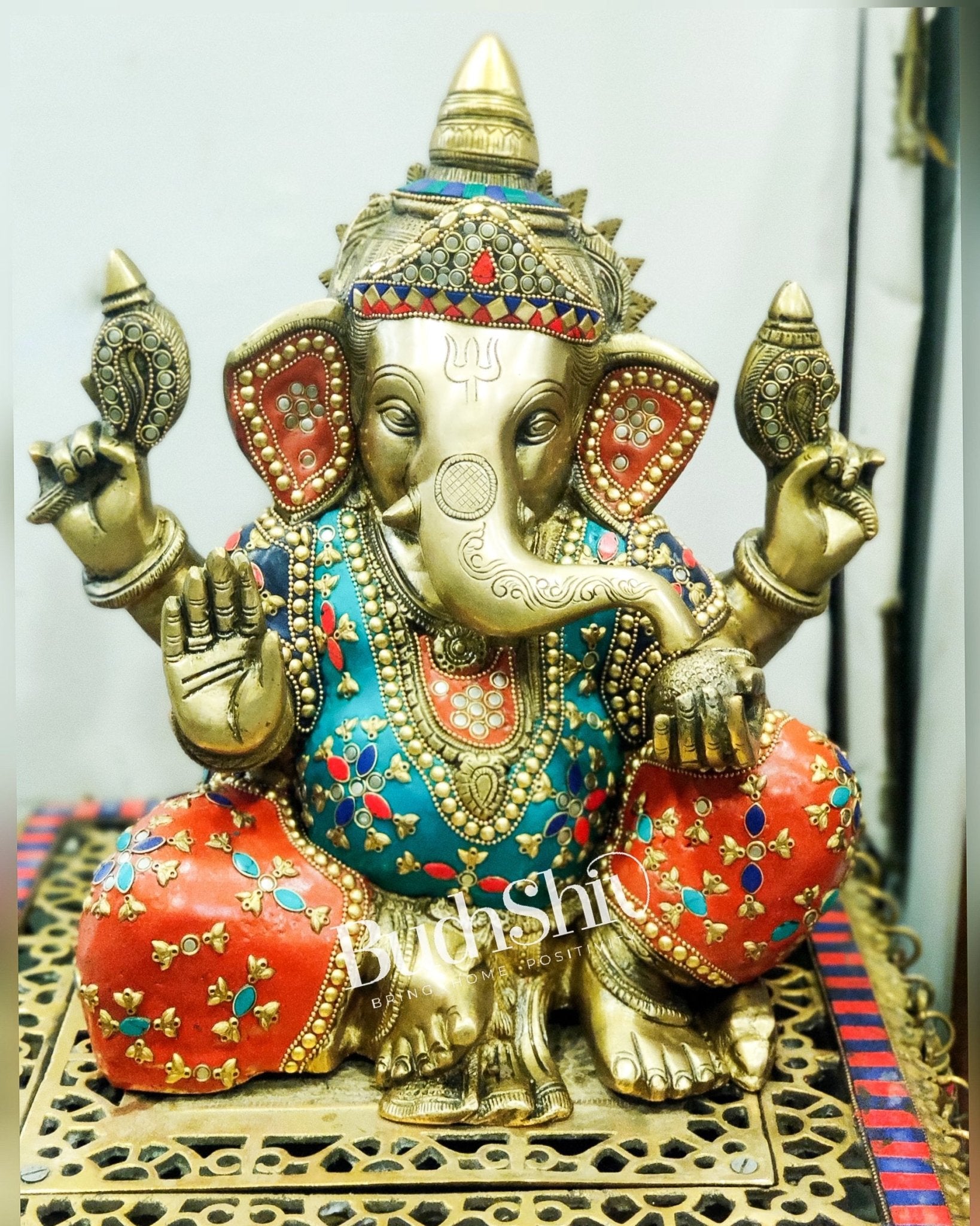 Ganesha Brass Idol with a unique stonework 13 inches - Budhshiv.com