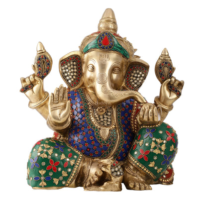 Ganesha Brass Idol with a unique stonework - Budhshiv.com