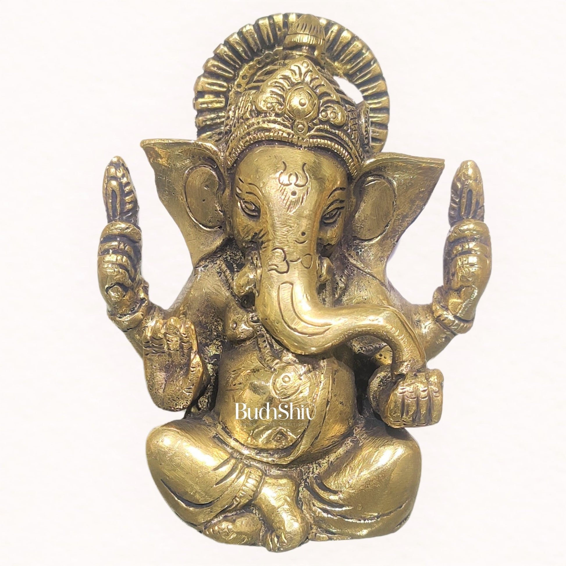 Ganesha brass idol with Gold charcoal finish | small size for office desk/study table/ temple/gifting - Budhshiv.com