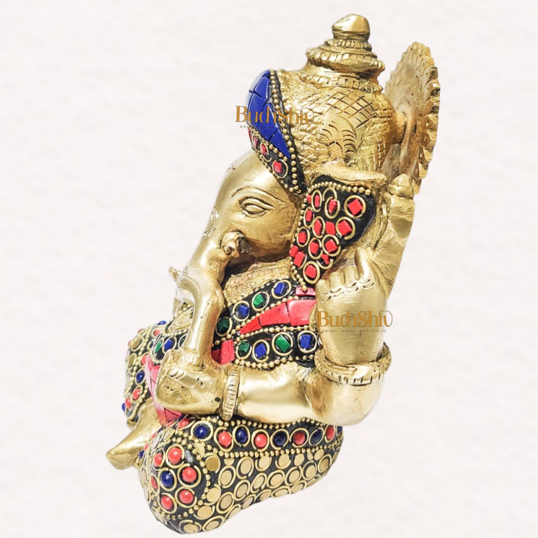 Ganesha brass idol with meenakari stonework | small size for office desk/study table/ temple - Budhshiv.com