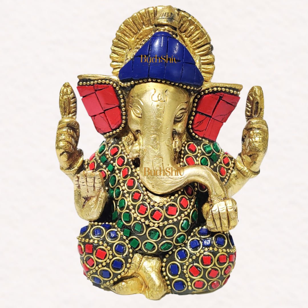 Ganesha brass idol with meenakari stonework | small size for office desk/study table/ temple - Budhshiv.com