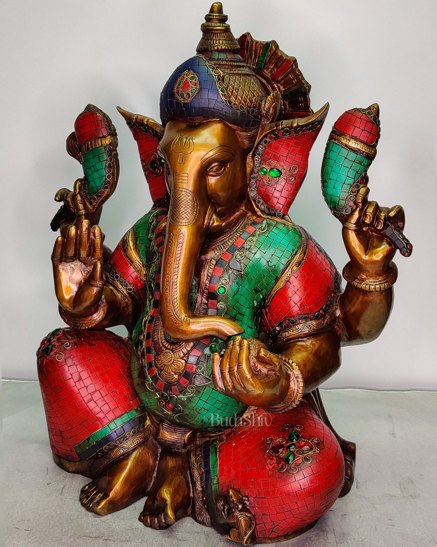 Ganesha Brass Idol with Rustic Stonework and Antique finish 20 inch - Budhshiv.com