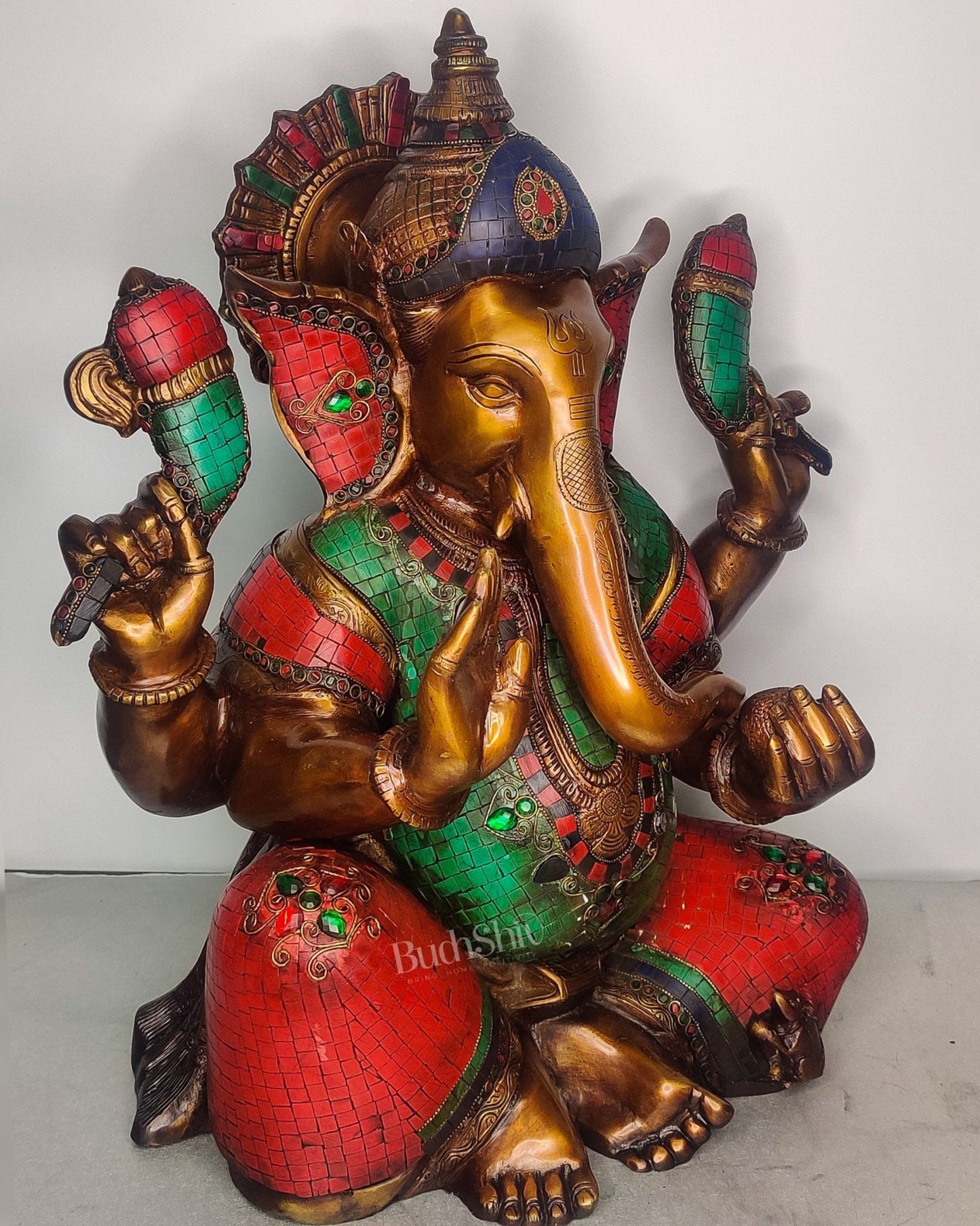 Ganesha Brass Idol with Rustic Stonework and Antique finish 20 inch - Budhshiv.com