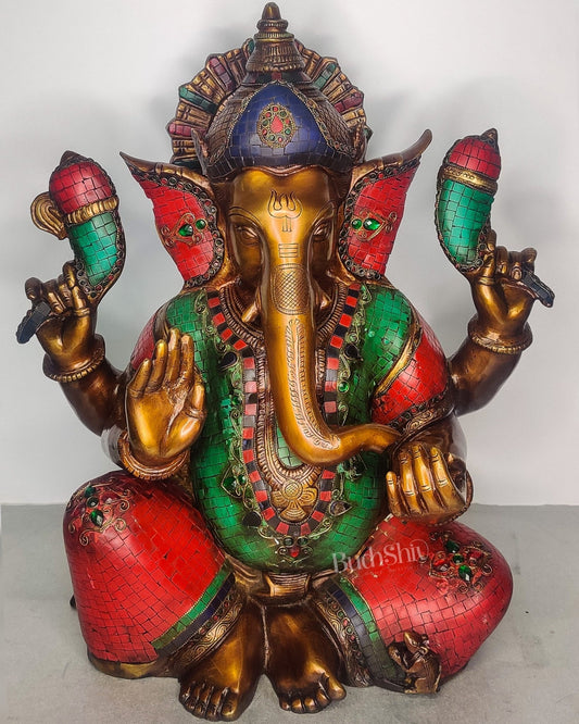 Ganesha Brass Idol with Rustic Stonework and Antique finish 20 inch - Budhshiv.com