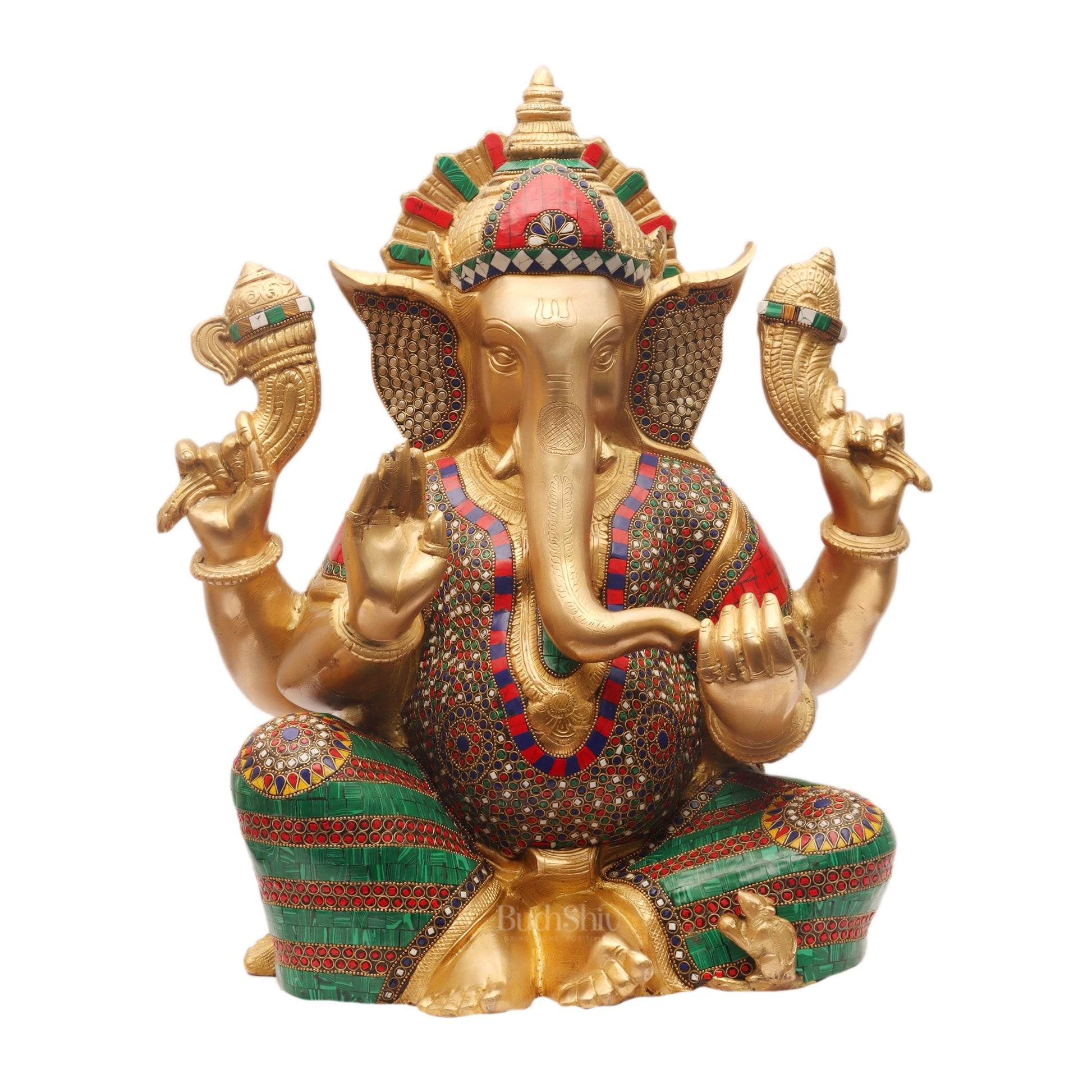 Ganesha Brass Idol with stonework 20 inch - Budhshiv.com