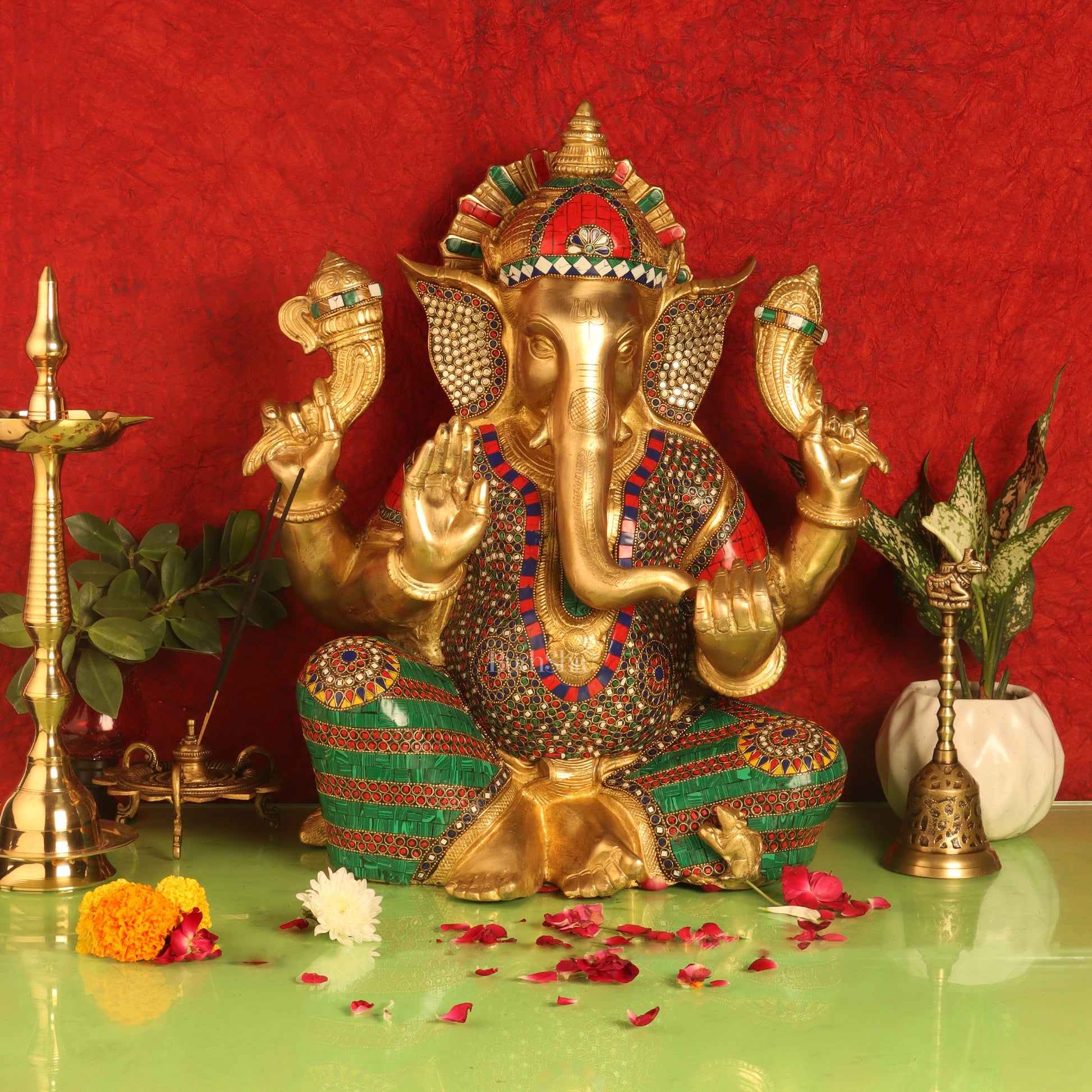 Ganesha Brass Idol with stonework 20 inch - Budhshiv.com