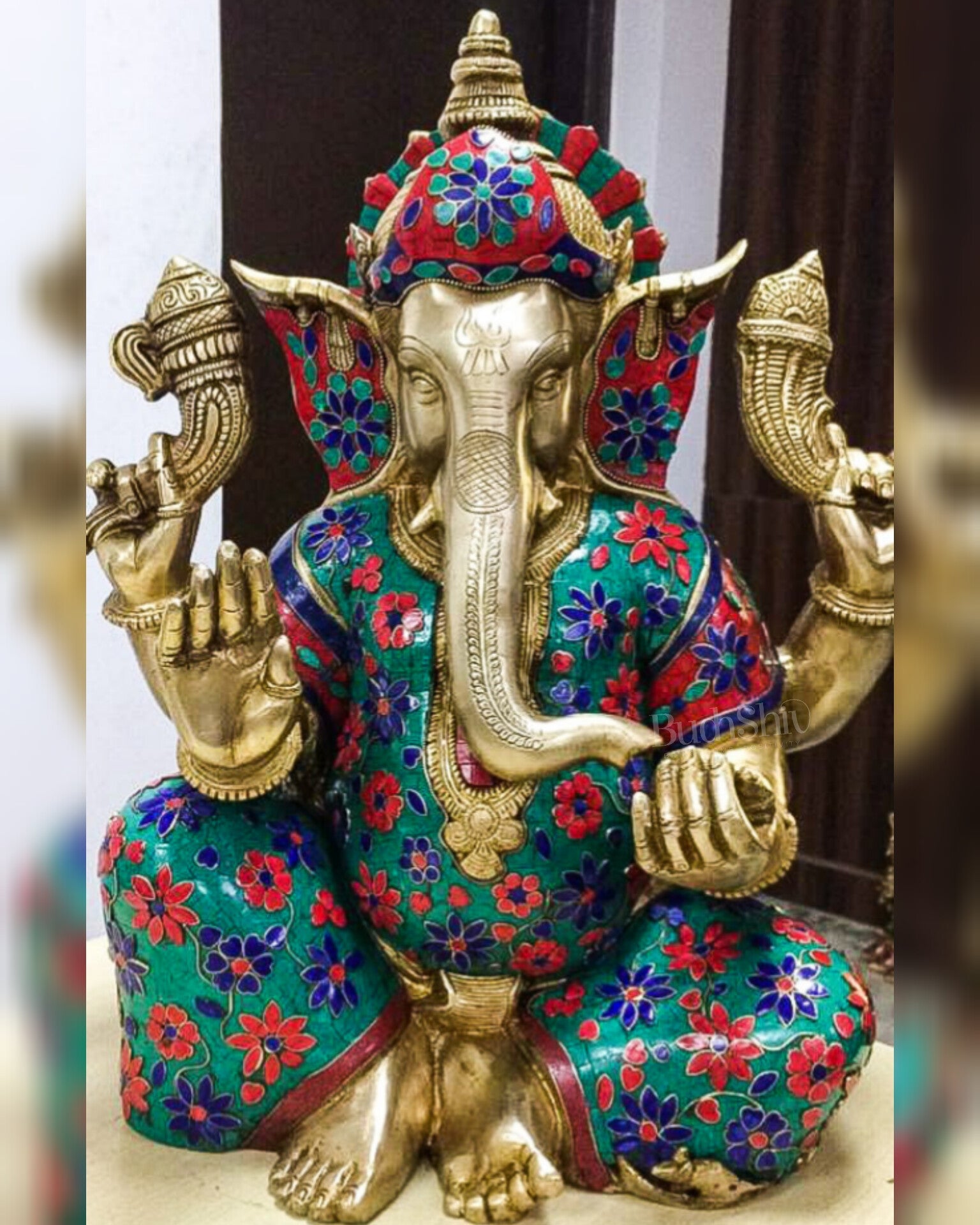 Ganesha Brass Idol with stonework 20 inch - Budhshiv.com