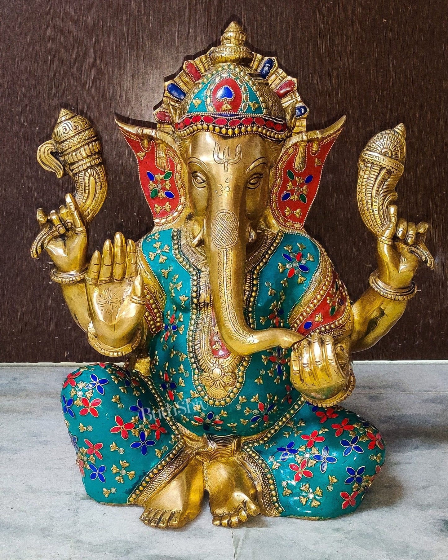 Ganesha Brass Idol with stonework 20 inch - Budhshiv.com