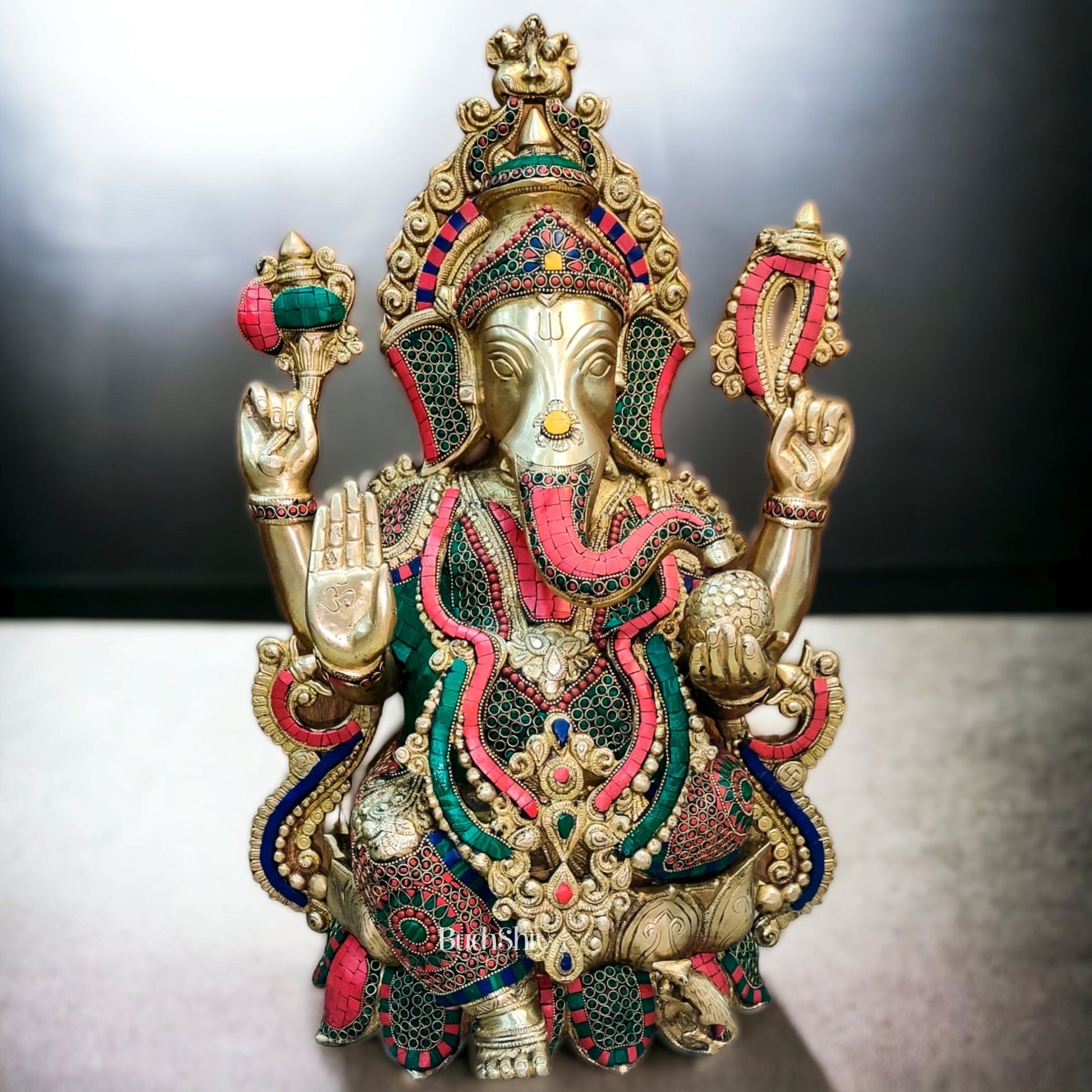 Ganesha Brass Idol with stonework 21 inches - Budhshiv.com