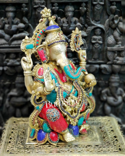 Ganesha Brass Idol with stonework 21 inches - Budhshiv.com