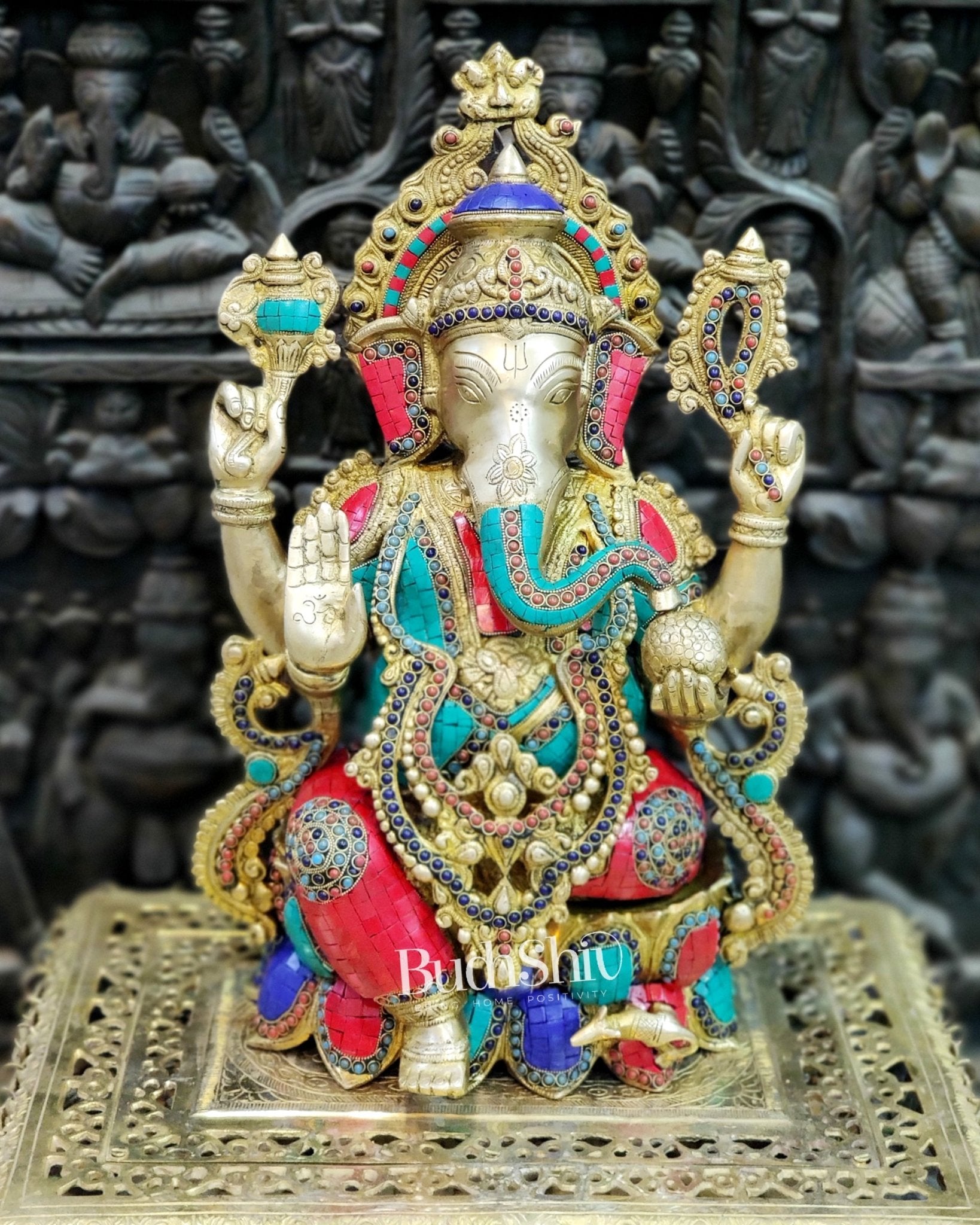 Ganesha Brass Idol with stonework 21 inches - Budhshiv.com