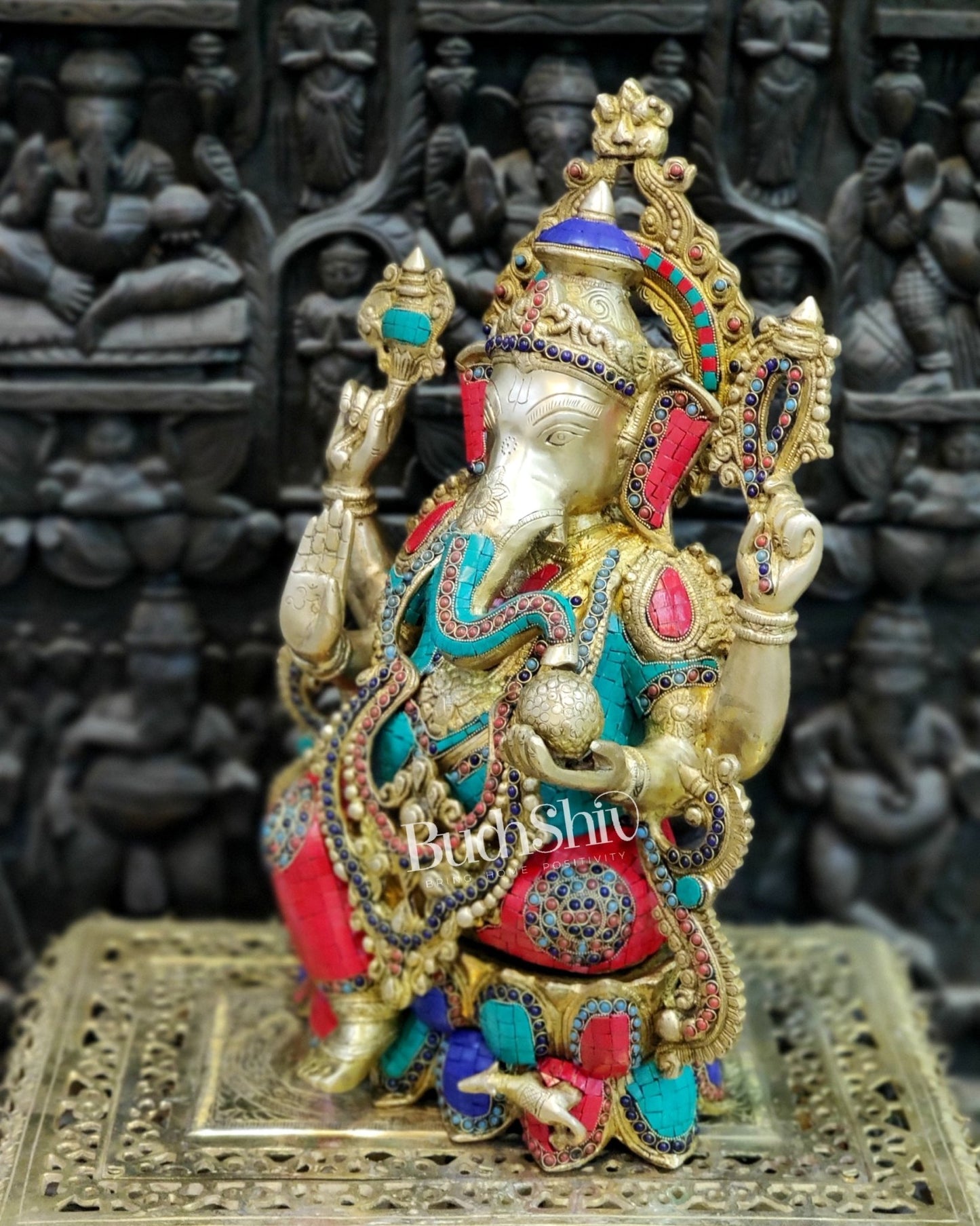 Ganesha Brass Idol with stonework 21 inches - Budhshiv.com