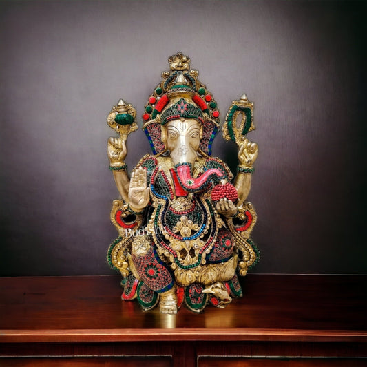 Ganesha Brass Idol with stonework 21 inches - Budhshiv.com