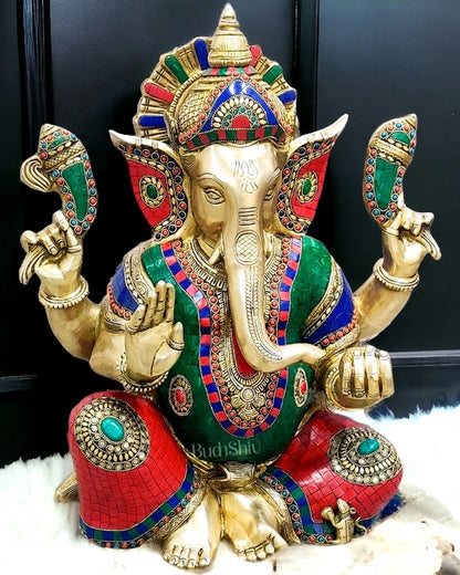 Ganesha Brass Idol with stonework - Budhshiv.com