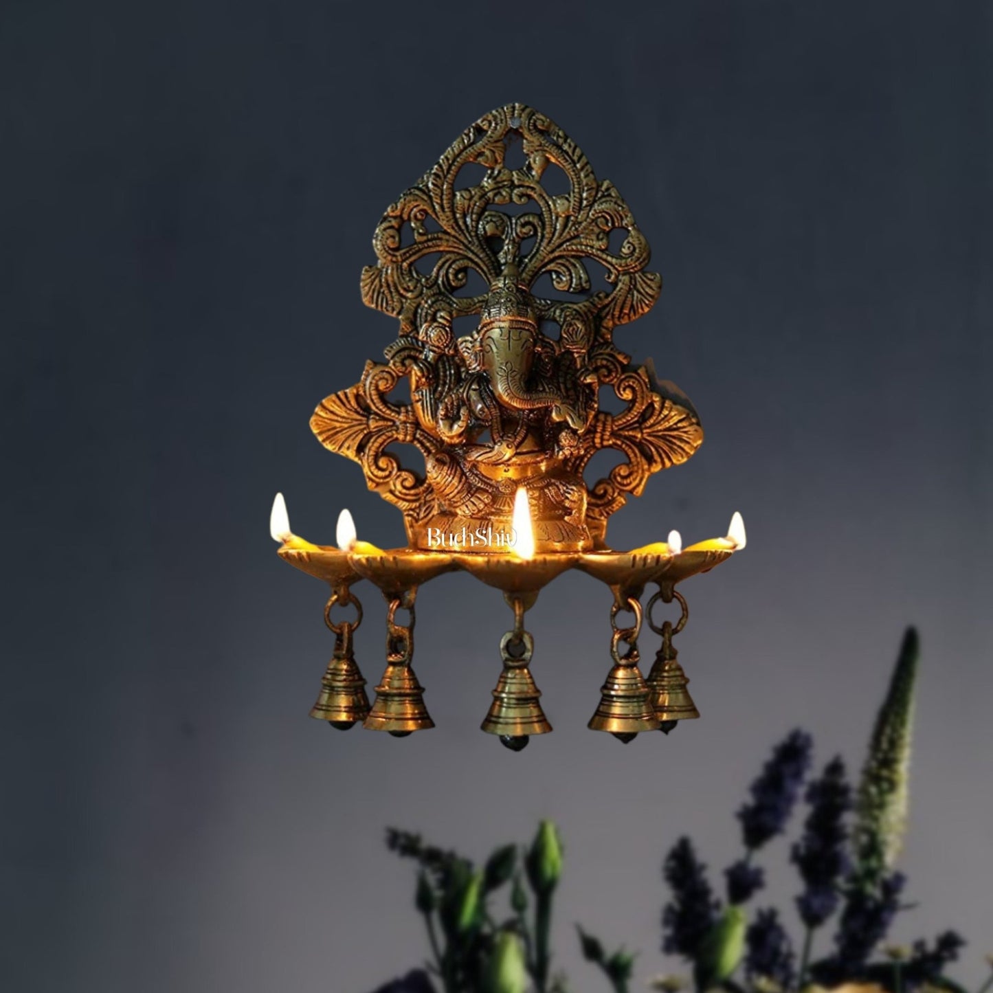 Ganesha Brass Panchdeep with bells oil lamp for wall - Budhshiv.com