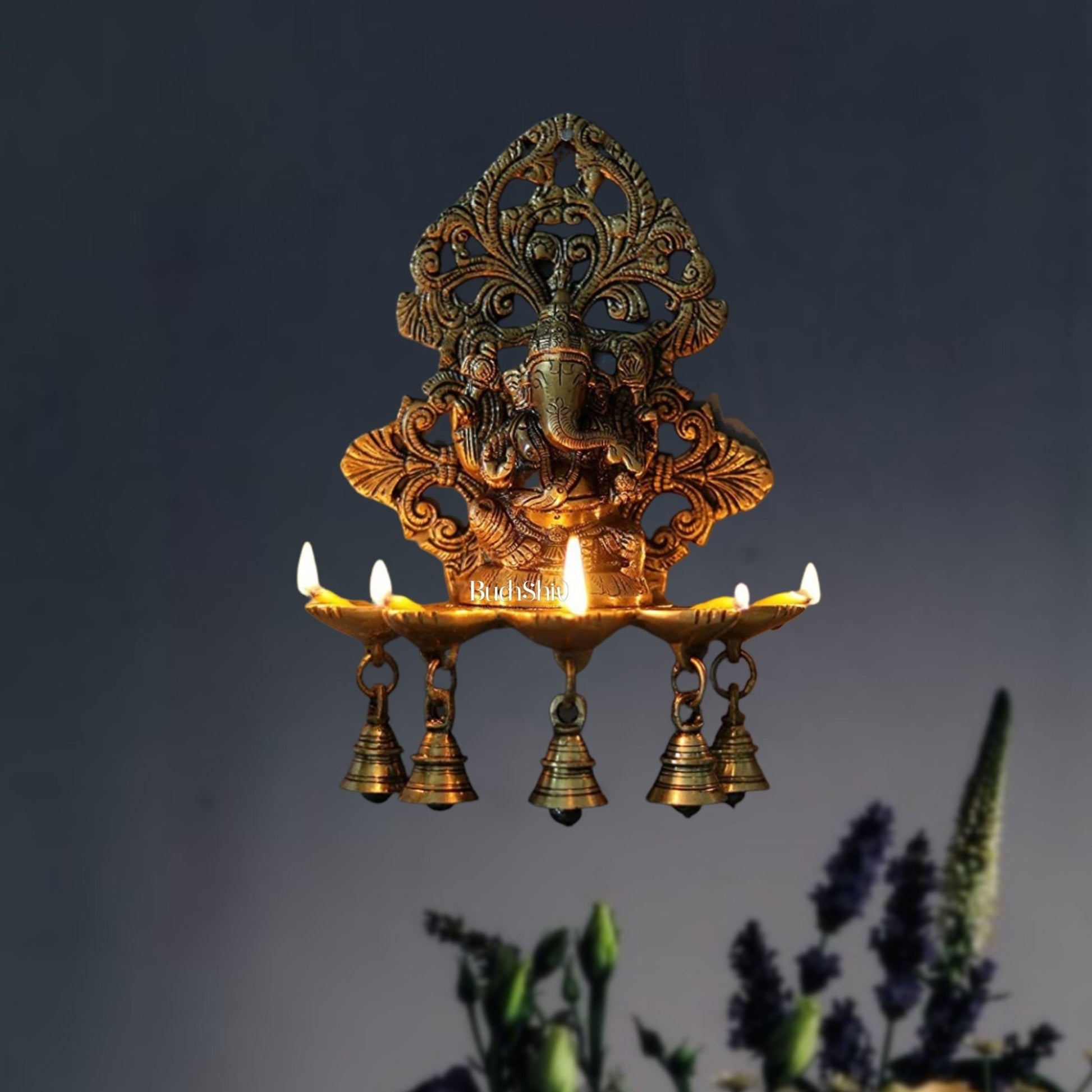 Ganesha Brass Panchdeep with bells oil lamp for wall - Budhshiv.com