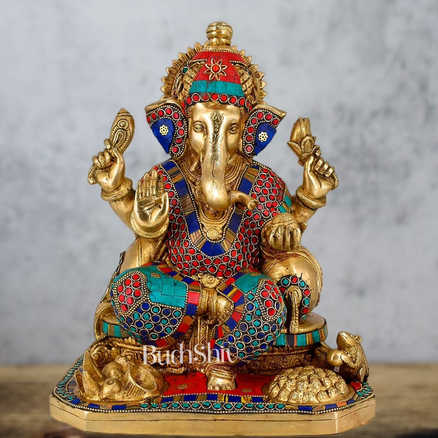 Ganesha brass statue with modak and mouse 13" Stonework - Budhshiv.com